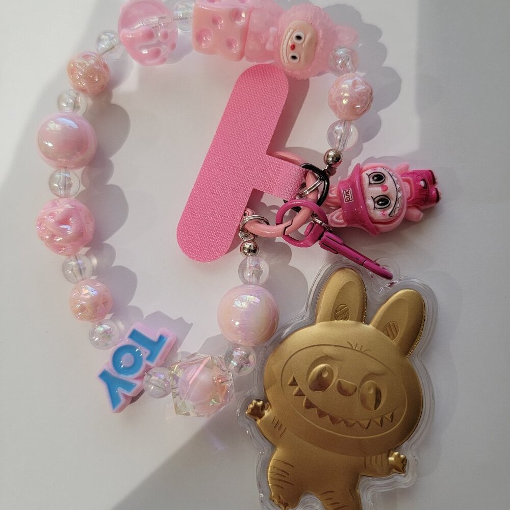 24k gold Labubu Pink mobile Phone Charm, Keychain